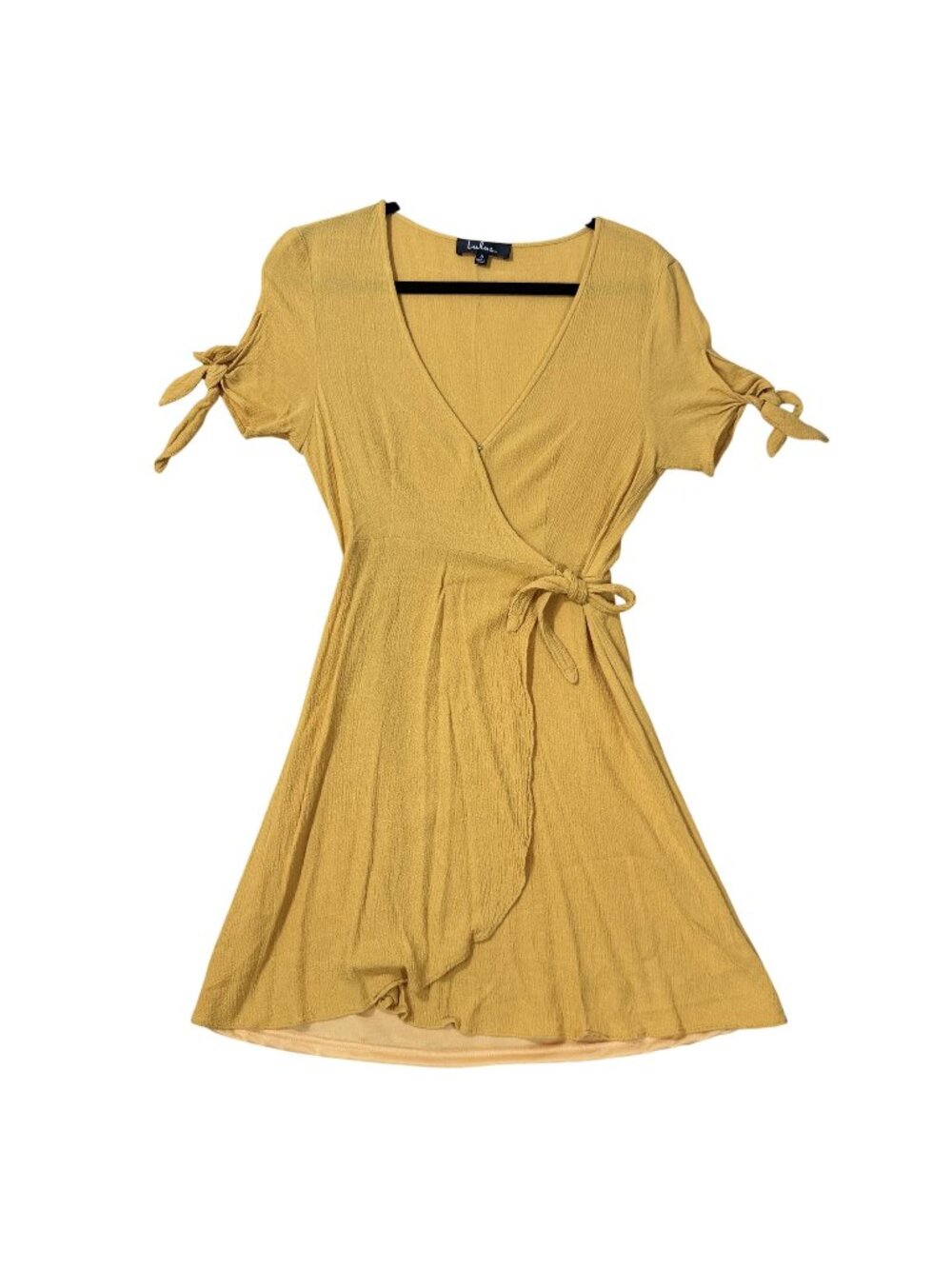 Lulus Women’s Mustard Yellow Wrap Dress Tie Sleeve Mini Dress Size S